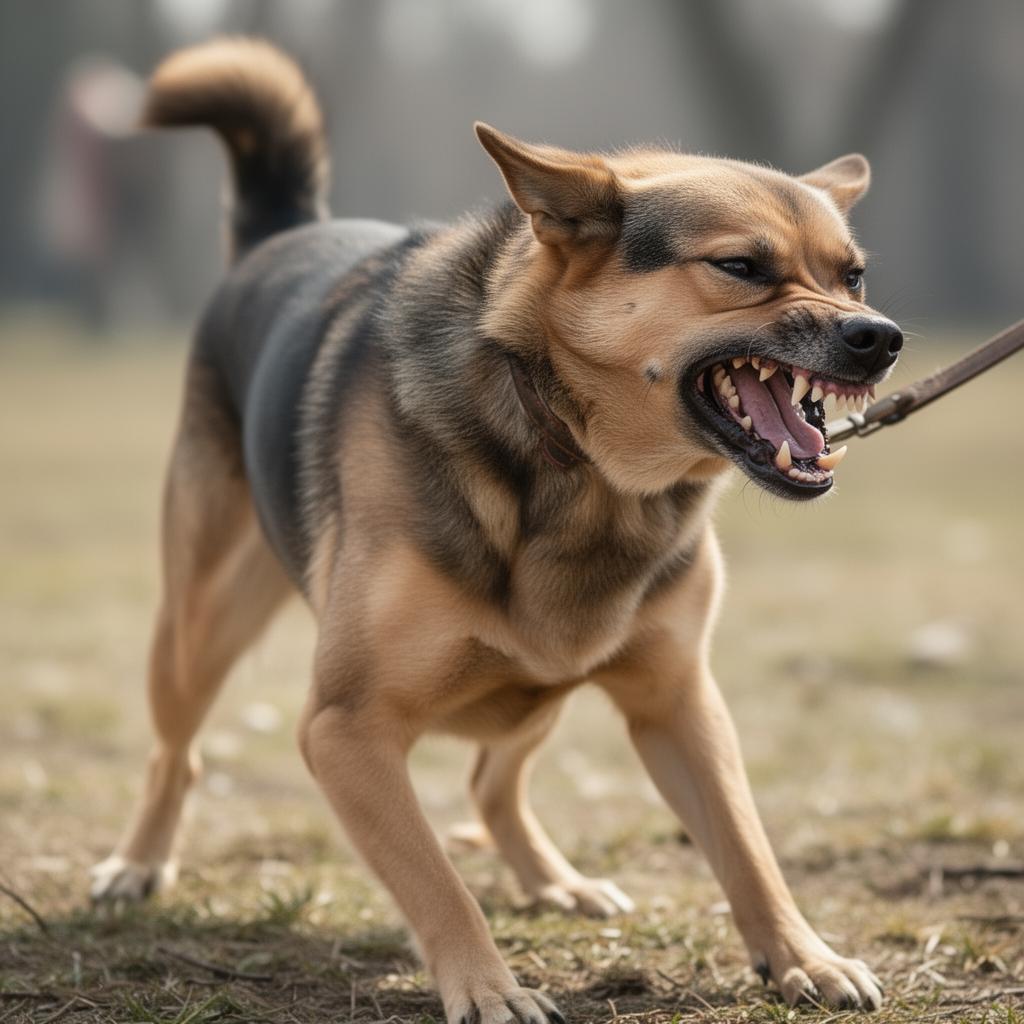 Reaktiv hund som visar tänderna under promenad